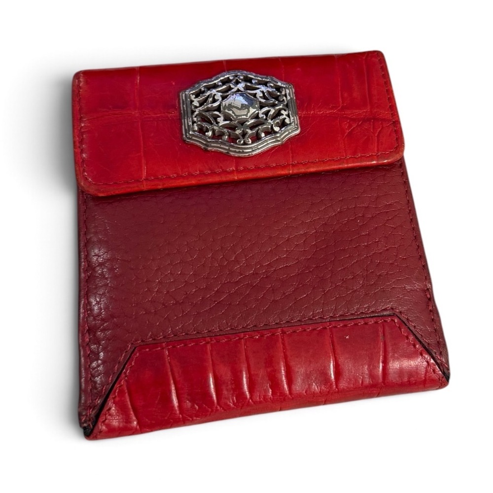 Brighton Red Leather Croc Embossed Bifold Wallet Silver Filigree Hardware